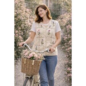 Vintage Cottagecore Floral Embroidered Vest Cream Button Front XL